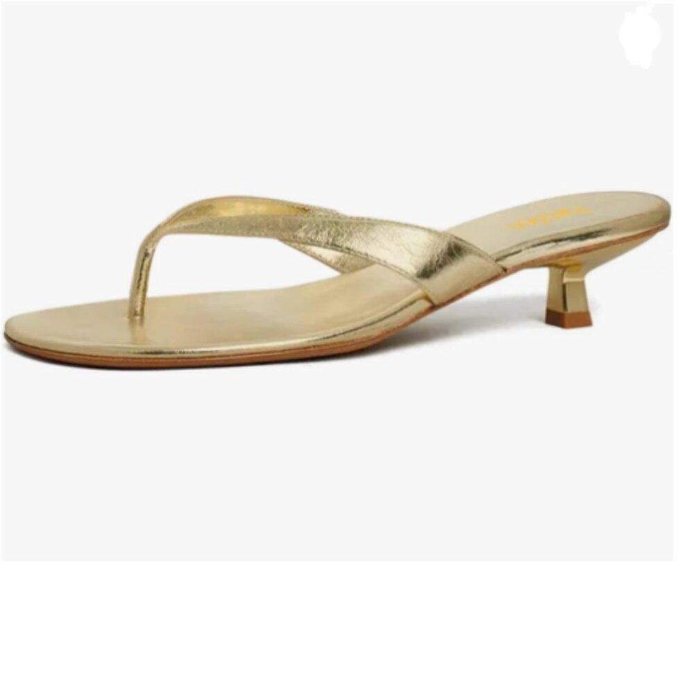 Metallic Gold Thong Sandal with Low Sculpted Heel